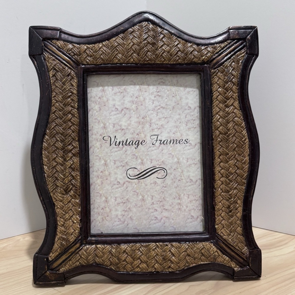 Dark Brown Trimmed Textured Woven Wicker Rattan Style Picture Frame Heavyweight